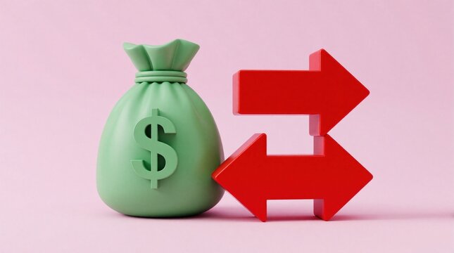 Green money bag with dollar sign stands next to red arrows pointing in opposite directions. Concept of financial volatility, budget inflation, market fluctuations, economic risk. Illustration for