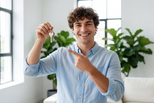 Smiling young man holds house keys in hand, points at. Happy male homeowner celebrates buying new apartment property. Cheerful guy shows real estate success in bright modern living room. Excited