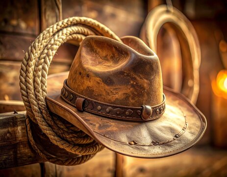 Weathered Cowboy Hat and Coiled Lasso on Wooden Post at Sunset