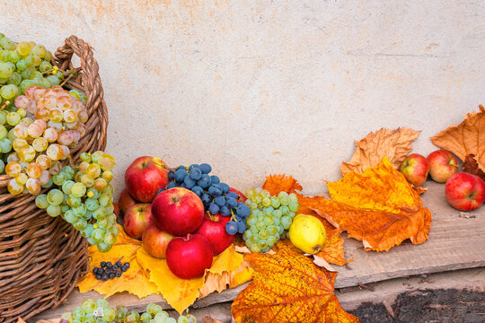 variety of ripe fruits on the wooden plank. autumn harvest rustic composition. rural organic food in fall season. applicable as healthy food background for thanksgiving