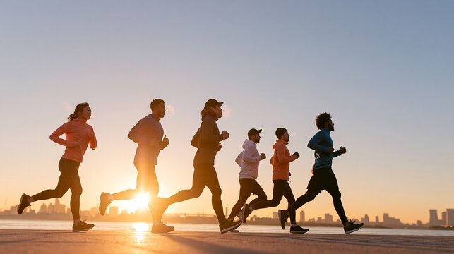 Diverse group of young adults jogging together along a waterfront promenade during golden hour, silhouetted against the setting sun and distant city skyline