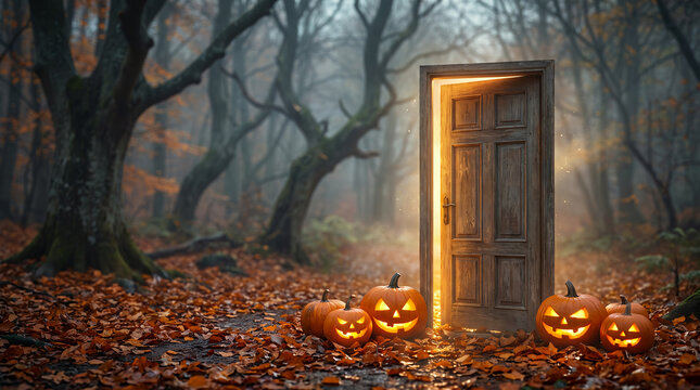 Glowing wooden door surrounded by pumpkins in an autumn forest  