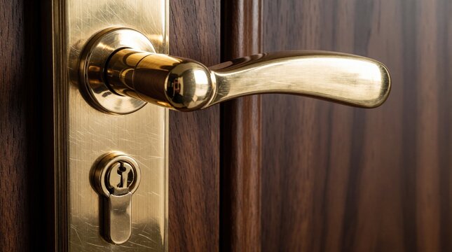 Closeup of gold metal door handle, keyhole on dark wood door. Shiny brass lever lock provides security for home entrance. Modern architectural hardware detail shows safe access to room apartment.