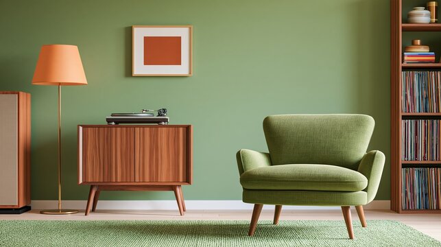Mid century modern living room with vintage turntable, wooden record cabinet, olive green armchair, floor lamp, framed abstract art, and vinyl collection shelving