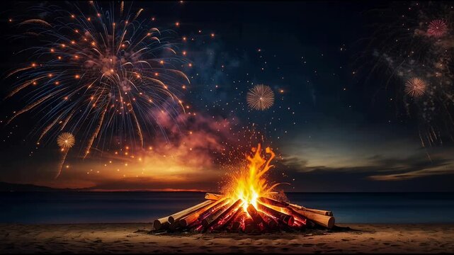 Bonfire fire and fireworks in British England on holiday celebration Guy Fawkes Night AI Generative