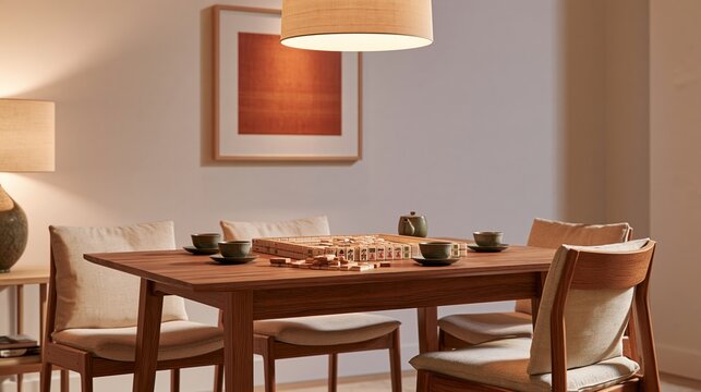 Mahjong table set with tiles and bowls in a warmly lit stylish apartment dining room with wooden furniture, upholstered chairs, framed artwork, and pendant lighting