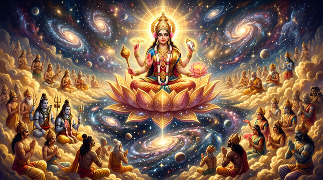 Goddess Siddhidatri sitting on a lotus flower surrounded by celestial beings