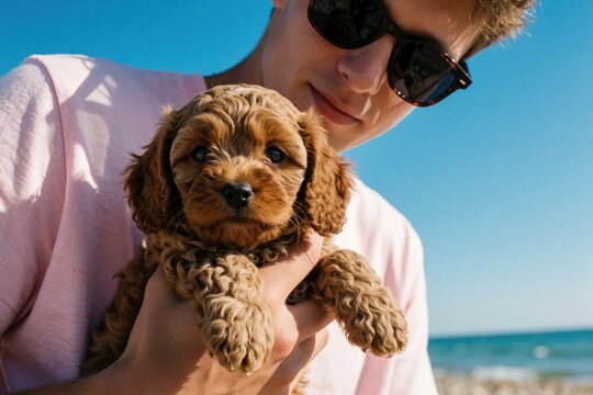 Young man holds cute brown puppy on sunny beach. Small curly Cavapoo dog looks at camera in close up. Person enjoys summer vacation with pet near blue sea water. Happy owner cares for adorable fluffy