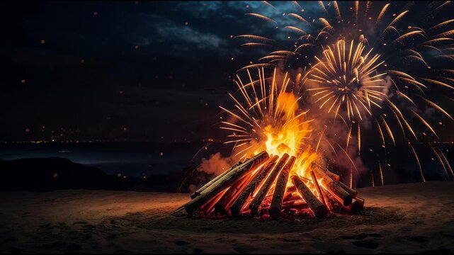 Bonfire fire and fireworks in British England on holiday celebration Guy Fawkes Night AI Generative