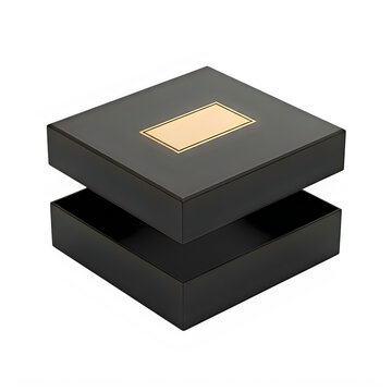 Black gift box with gold label open on top isolated on transparent background