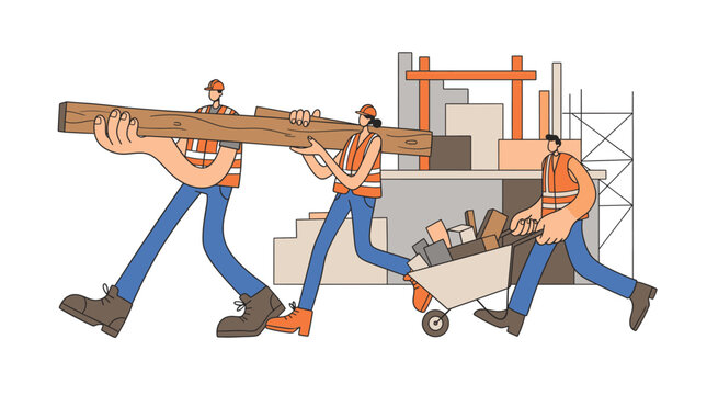 Construction workers carrying wooden planks and using a wheelbarrow at a building site.