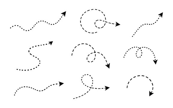 Various shapes of dotted and dashed arrows with loops and curves vector design