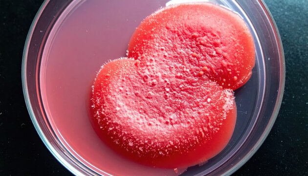 Close-up view of vibrant red bacterial colonies growing on a pink agar plate in a petri dish, representing scientific research and microbiology.