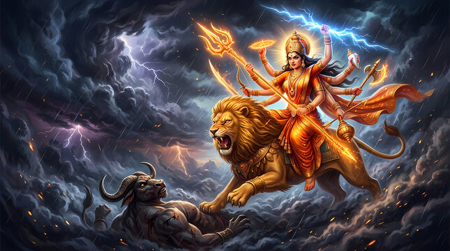 Goddess Durga riding a lion fighting Mahishasura for Durga Puja celebration