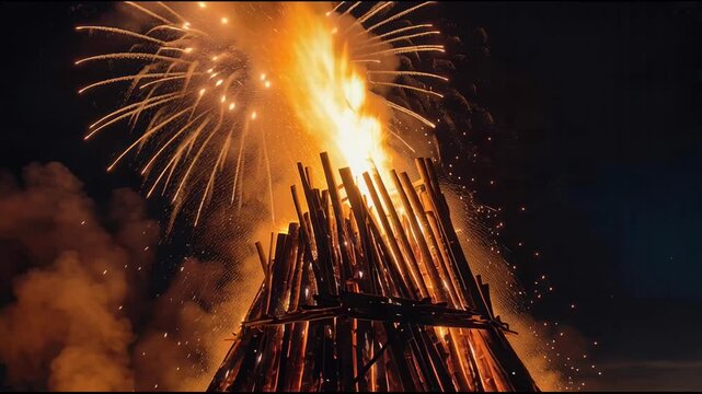 Bonfire fire and fireworks in British England on holiday celebration Guy Fawkes Night AI Generative