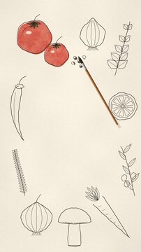 Vertical video of an ink pen and watercolor brush sketching a frame of vegetables and herbs on a sketchbook page with empty space for a recipe, seamless loop