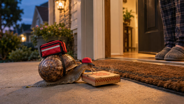 Funny snail wearing a pizza delivery uniform with a tiny pizza box at a front door, humorous slow delivery concept, commercial stock photo with copy space