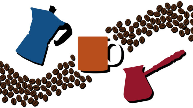 Coffee preparation tools including moka pot, mug, and cezanne with scattered coffee beans, flat vector illustration on
