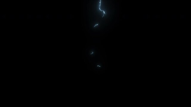 Realistic lightning bolt strike flashing against isolated black background during night storm