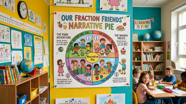 Fraction learning poster on a classroom wall with elementary students studying at desks in the background