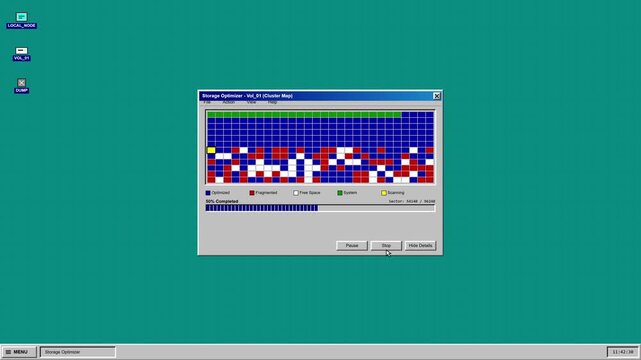 Retro Computer Storage Optimizer UI, Vintage Disk Defragmenter Progress Bar Animation, Old Operating System