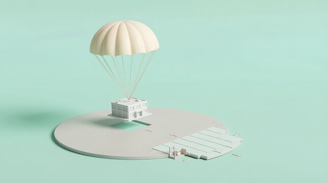 A miniature building descends from a parachute, symbolizing a concept of delivery and safe arrival in a business context