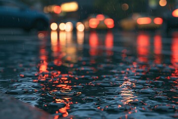 Naklejka premium Raindrops hitting reflective flooded street with blurred vehicle lights in background