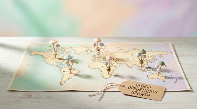 Global growth and opportunity represented by mushroom-shaped markers on a world map, signifying expansion and new ventures