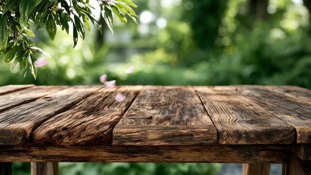 Rustic Wooden Table in Garden: An empty, weathered wooden table sits invitingly in a sun-dappled garden, surrounded by lush greenery and soft bokeh, perfect for showcasing food or drinks.
