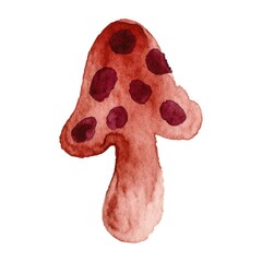 Obraz premium Red watercolor mushroom with dark spots isolated on white background. Hand drawn abstract fungus element for organic menu design autumn decor. Cute forest plant illustration for children book, rustic