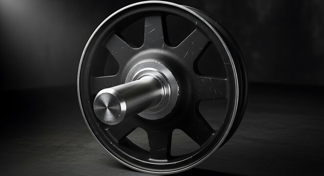Dark spoked industrial wheel with shiny metal axle on black background