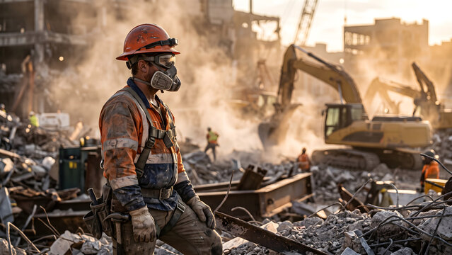Construction worker in protective gear standing amidst rubble and heavy machinery at demolition site