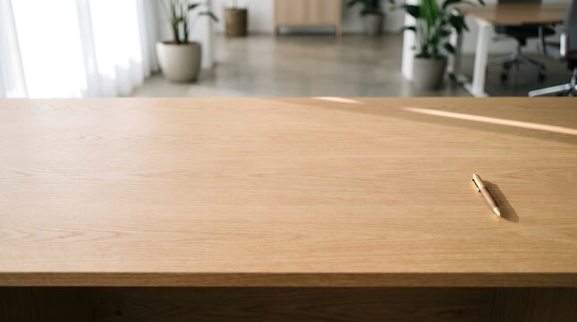Front view of an empty wooden desk representing productivity and fresh start with copy space in a modern office.