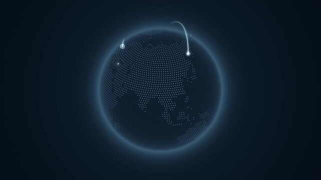 Set of digital global network connections on dark blue backgrounds with glowing data particles