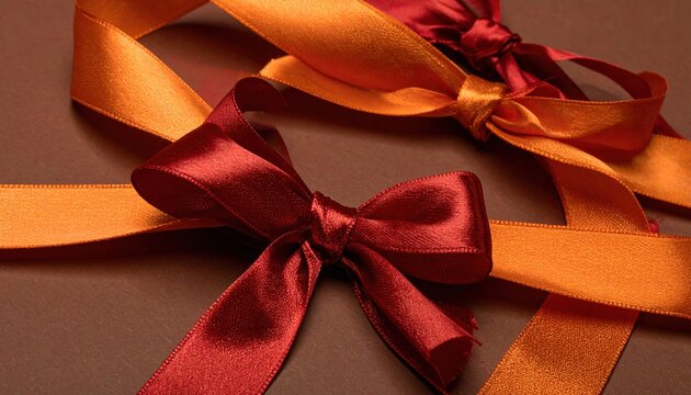 Rich burnt orange and deep red velvet satin ribbons tied into elegant bows showcasing luxurious texture
