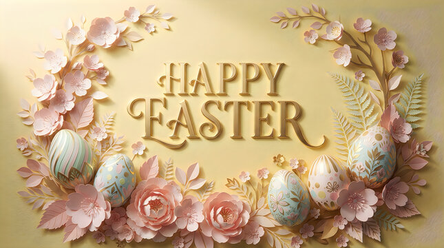 Happy easter greeting card with decorative floral wreath and colorful painted eggs in pastel colors