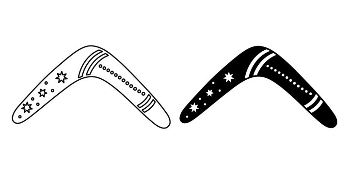 Two boomerangs, one outline, one solid black, with decorative australian indigenous