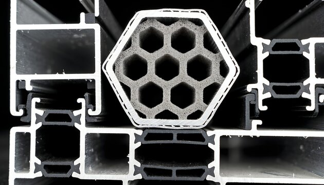 Extruded aluminum profile cross section showcasing honeycomb insulation structure inside industrial manufacturing facility