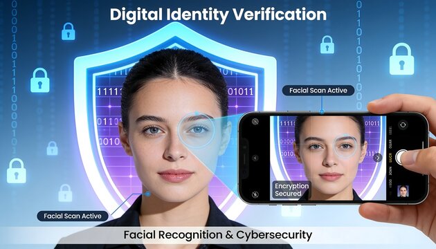 Advanced digital identity verification featuring secure facial recognition scanning on modern mobile phone technology