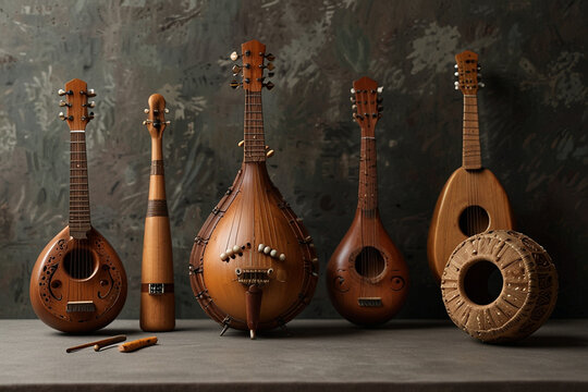 Collection of five unique wooden string instruments and one drum with an ancient rustic backdrop.