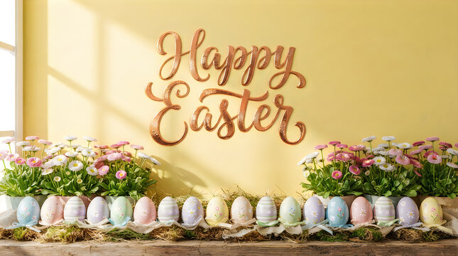 Happy easter greeting text with colorful decorated eggs and spring flowers on a wooden table