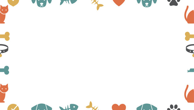 Colorful vector pet frame featuring cute cats dogs bones hearts and paw prints on white background.