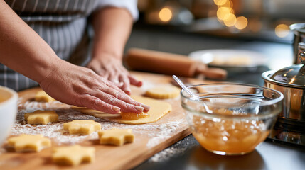 Fototapeta premium Homemade cookies with apple jam being prepared on a wooden kitchen board, cozy family baking detail shot, with copy space