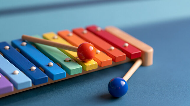 Colorful wooden toy xylophone for kids featuring bright mallets, musical early learning toy, with copy space