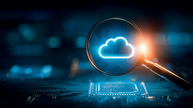 Magnifying glass focused on a cloud symbol represents cloud computing analysis and secure digital data infrastructure.
