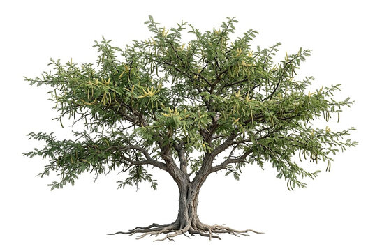 Ultra-realistic mature Kandi Tree (Prosopis cineraria), iconic South Asian desert tree with sturdy gray-brown trunk, spreading thorny branches, fine bipinnate green foliage, pale flower spikes