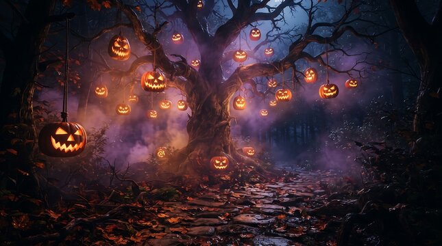Glowing Jack O Lantern Pumpkins Hanging from Twisted Trees in a Foggy Haunted Forest