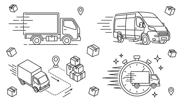 Delivery truck line art icons, express shipping cargo van vector set, fast logistics order tracking symbols with boxes and timer