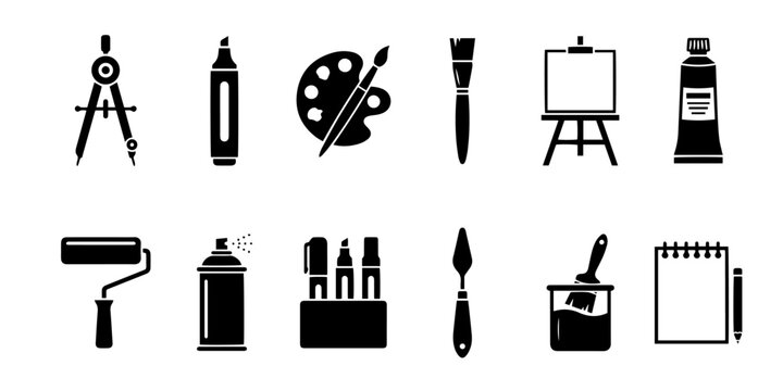 Art and craft supply, painting tool black icons set vector.