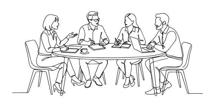 Business team meeting around table continuous line art vector.
